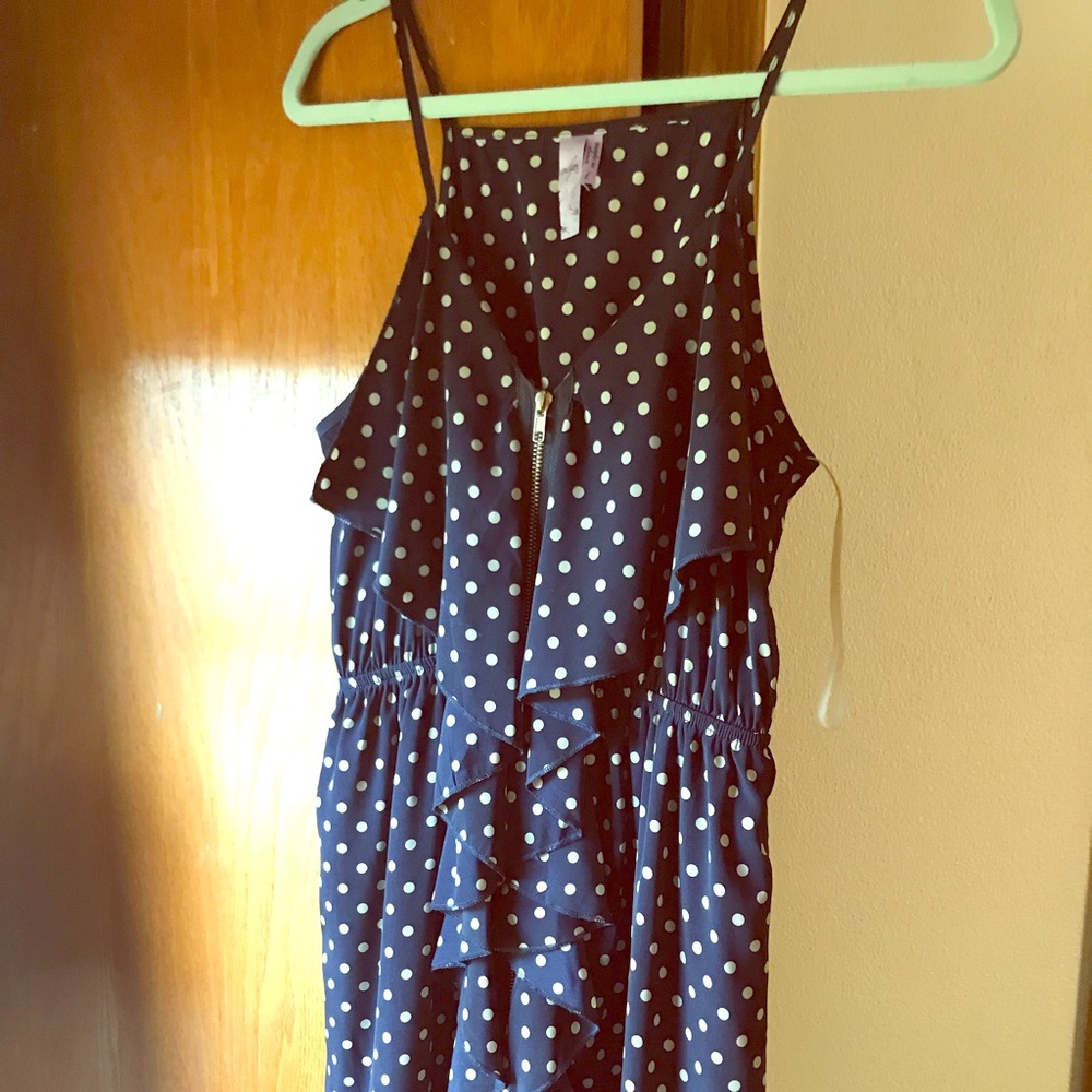 Navy front zip polka dot dress